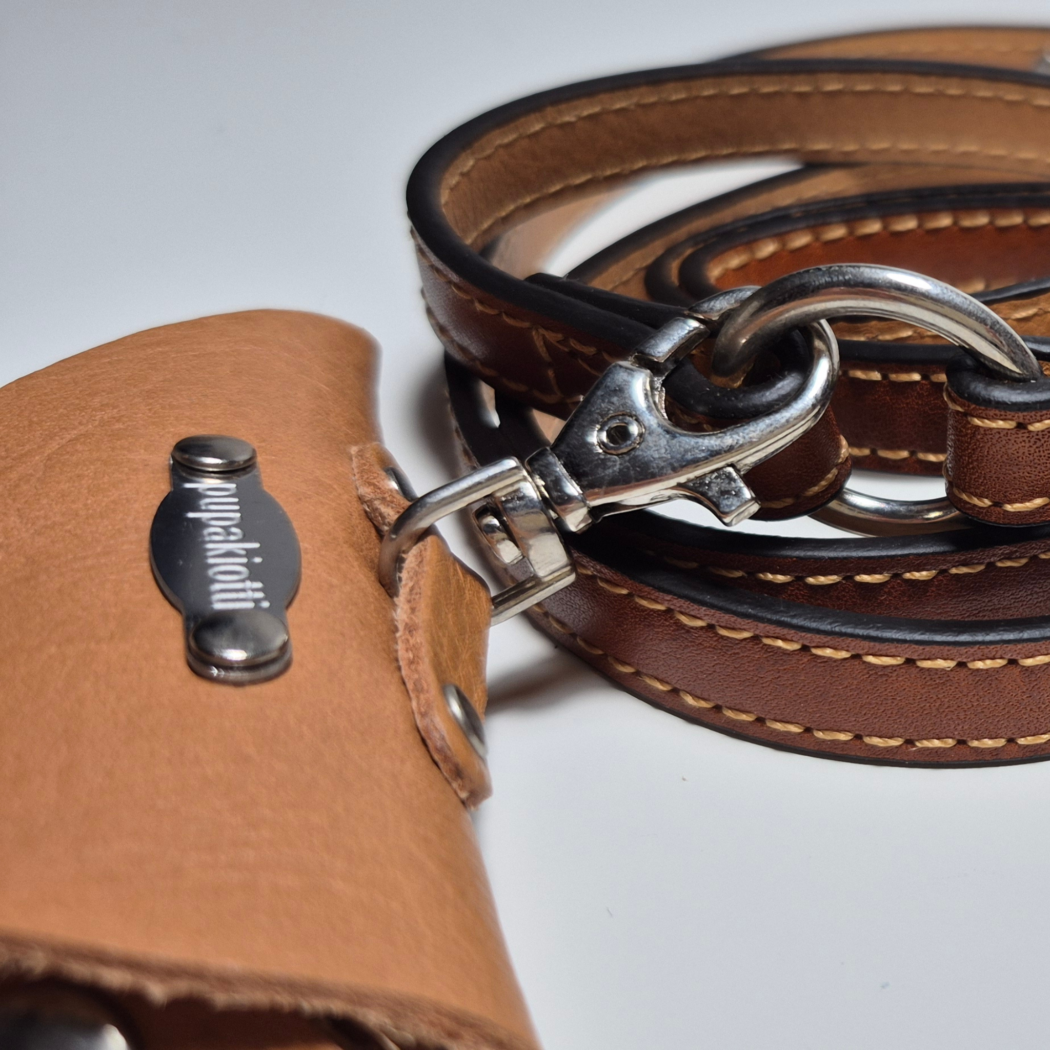 Set Pettorina e Guinzaglio in Pelle con Porta Sacchetti